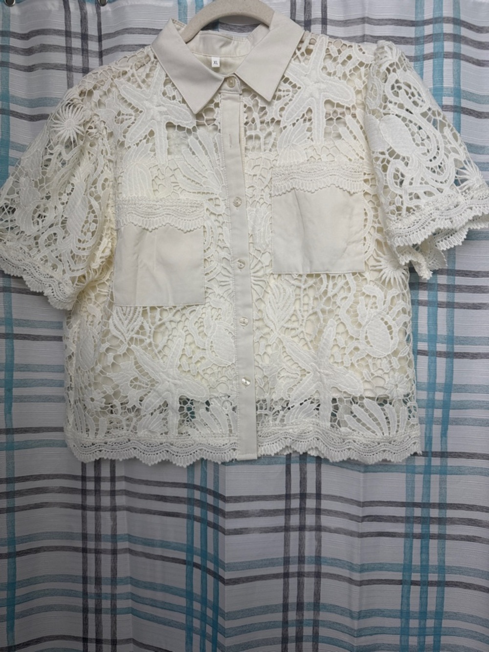 Cream Crochet Lace Short Sleeve Button-Up Blouse